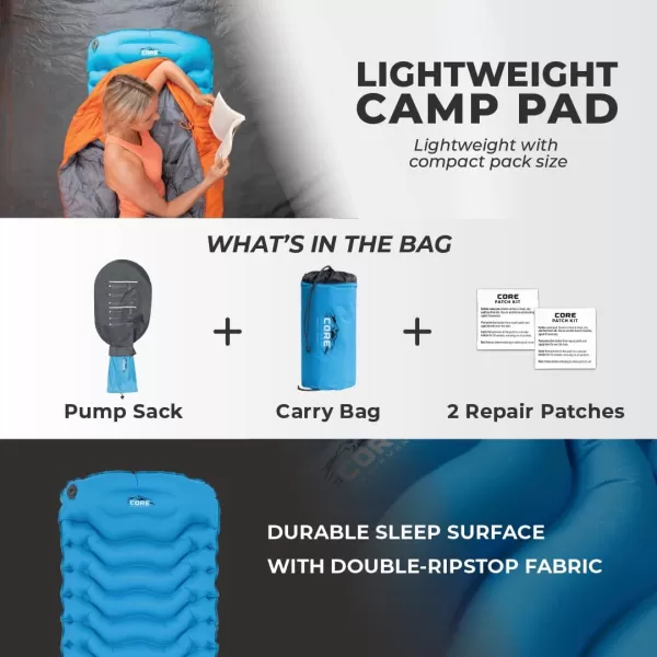 CORE Sleeping Pad for Camping  Perfect Ultralight Sleeping Mat for Tents Camping Cot ampamp Backpacking Gear  Lightweight ampamp Inflatable Blow Up Mattress for Travel Hiking ampamp Outdoor Use