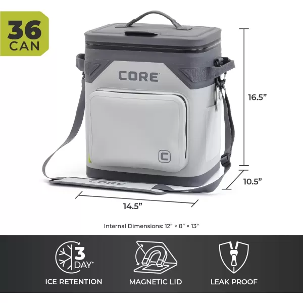 CORE Magnetic Leak Proof Cooler with Waterproof Zipper  Insulated Bag Portable Ice Chest Box  Best Soft Cooler for Food ampamp Beverages for Tailgating Car Camping Travel and Family Beach PicnicsGray 36 Can