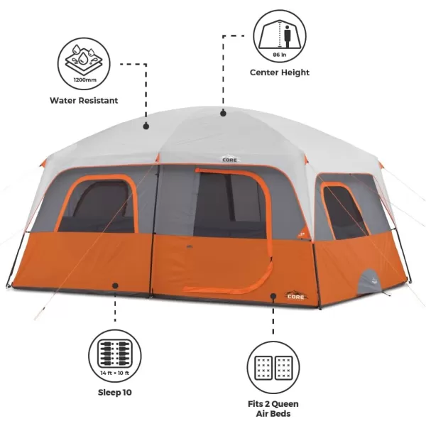 CORE 10 Person Tent  Large Multi Room Tent for Family  Included Tent Gear Loft Organizer for Camping Accessories  Portable Cabin Huge Tent with Carry Bag for Outdoor Car Camping10 Person Orange