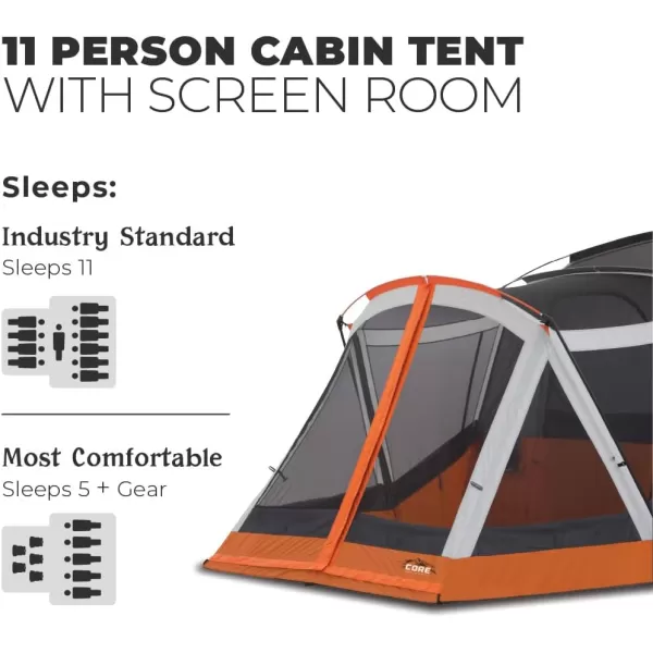 CORE 11 Person Family Cabin Tent with Screen Room  Large Multiple Room Tent with Storage Pockets for Camping Accessories  Portable Huge Tent with Carry Bag for Outdoor or Backyard Camping11 Person Cabin Tent with Screen Room Orange