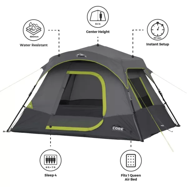 CORE 4 Person Instant Cabin Tent Camping Set  Includes 1 Instant Tent 1 Outdoor Table ampamp 2 Camp Chairs  Pop Up Tent with 60 Second Setup  Perfect for Family Car Camping with Included Carry Bag