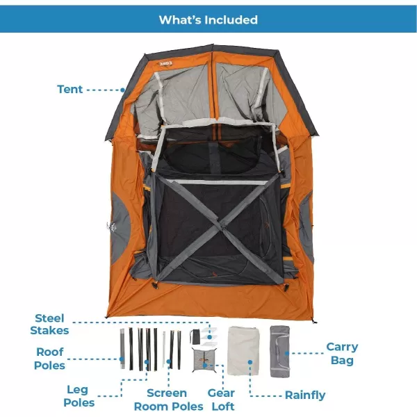 CORE 4 Person ampamp 6 Person Camp Tents  Portable Cabin Tent with Carry Bag for Outdoor Car Camping  Included Tent Gear Loft Organizer for Camping Accessories6 Person With Screen Room Orange