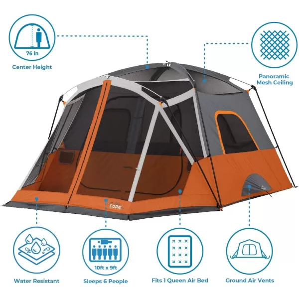 CORE 4 Person ampamp 6 Person Camp Tents  Portable Cabin Tent with Carry Bag for Outdoor Car Camping  Included Tent Gear Loft Organizer for Camping Accessories6 Person With Screen Room Orange
