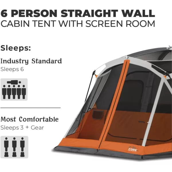 CORE 4 Person ampamp 6 Person Camp Tents  Portable Cabin Tent with Carry Bag for Outdoor Car Camping  Included Tent Gear Loft Organizer for Camping Accessories6 Person With Screen Room Orange