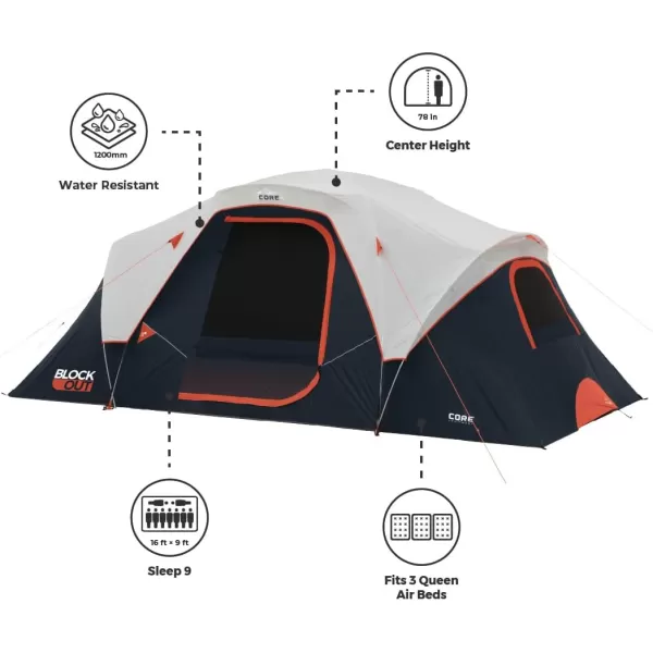 CORE Blackout 6 Person ampamp 9 Person Dome Tent  Best Car Camping Outdoor Family Camp Tent  Included Storage Pockets for Camping Accessories  Portable Tent for Camping with Carry Bag9 Person