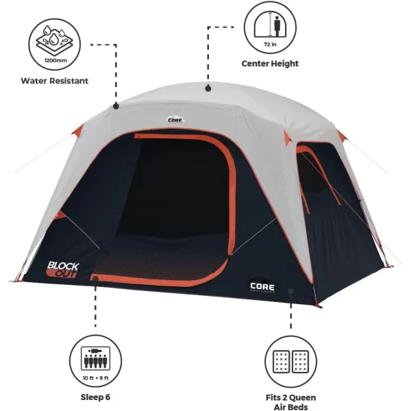 CORE Blackout 6 Person ampamp 9 Person Dome Tent  Best Car Camping Outdoor Family Camp Tent  Included Storage Pockets for Camping Accessories  Portable Tent for Camping with Carry Bag6 Person