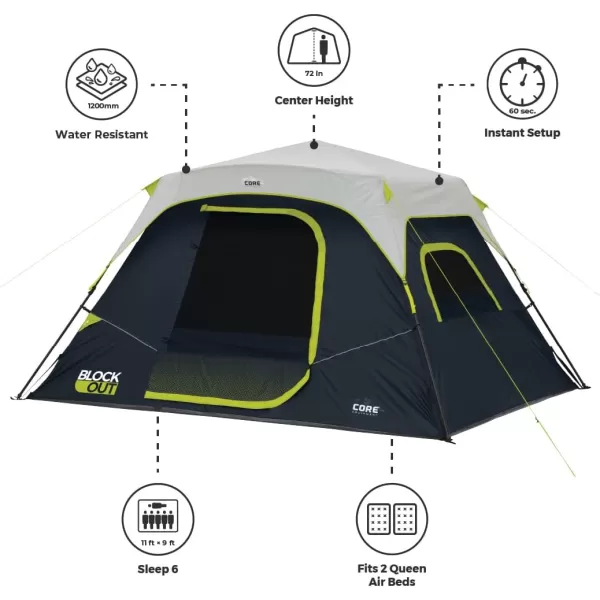 CORE Blackout Instant Cabin Tent  Pop Up Tent with Easy Setup for Family Camping  Large Portable Tent with Organization for Outdoor Camp Accessories 6 Person ampamp 9 Person Tent for Camping6 Person