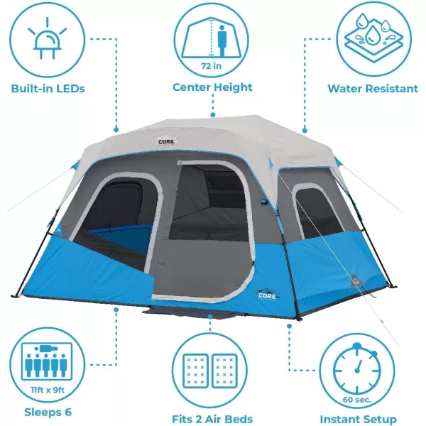 CORE Instant Tent with LED Lights  Portable Large Family Cabin Multi Room Tents for Camping  Lighted Pop Up Camping Tent  6 Person  9 Person  10 Person  12 Person Tents for Camping6 Person
