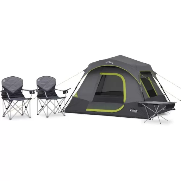 CORE 4 Person Instant Cabin Tent Camping Set  Includes 1 Instant Tent 1 Outdoor Table ampamp 2 Camp Chairs  Pop Up Tent with 60 Second Setup  Perfect for Family Car Camping with Included Carry Bag
