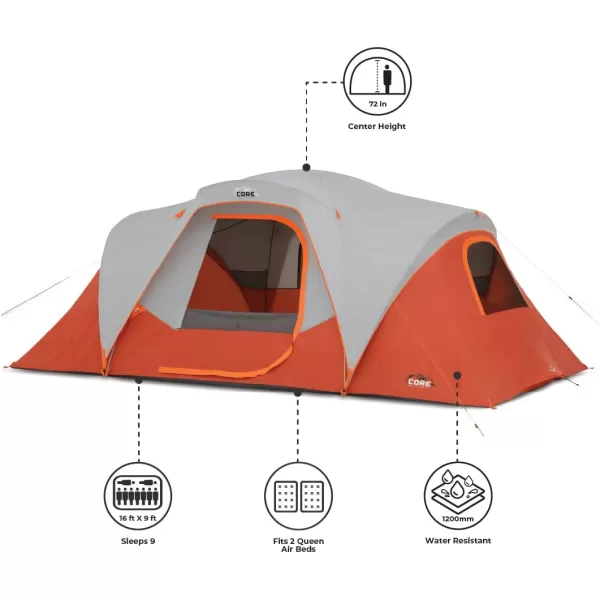 CORE Tents for Outdoor Family Hiking and Backpacking  4 Person  6 Person  9 Person Portable Dome Camp Tent with Storage Pockets for Camping Accessories9 Person