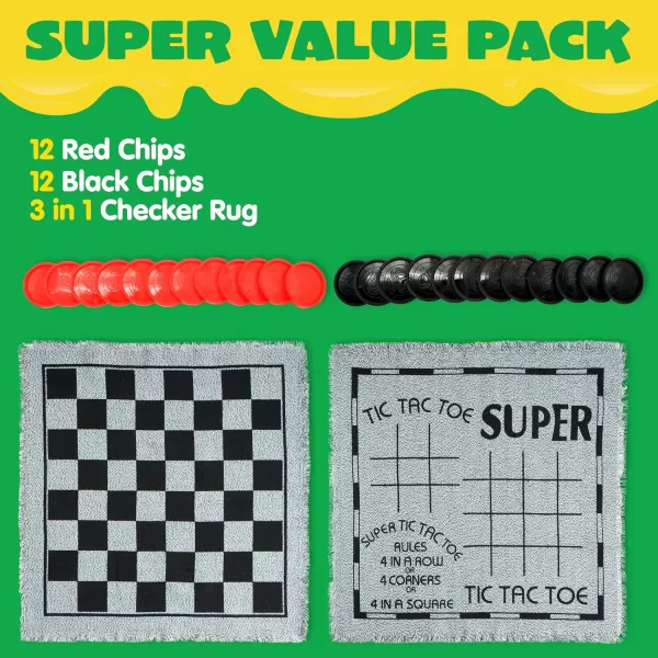 3in1 Vintage Giant Checkers and Tic Tac Toe Game with Reversible Mat 24 Chips Family Board Game Lawn Game BBQ Party Favor Indoor and Outdoor Activity for Kids and Adults