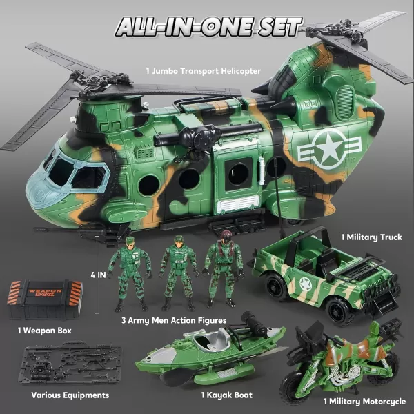 JOYIN 10in1 Military Helicopter Toys Set with Light Sound Trucks Boat Bike Army Men Weapons  Kids Gifts