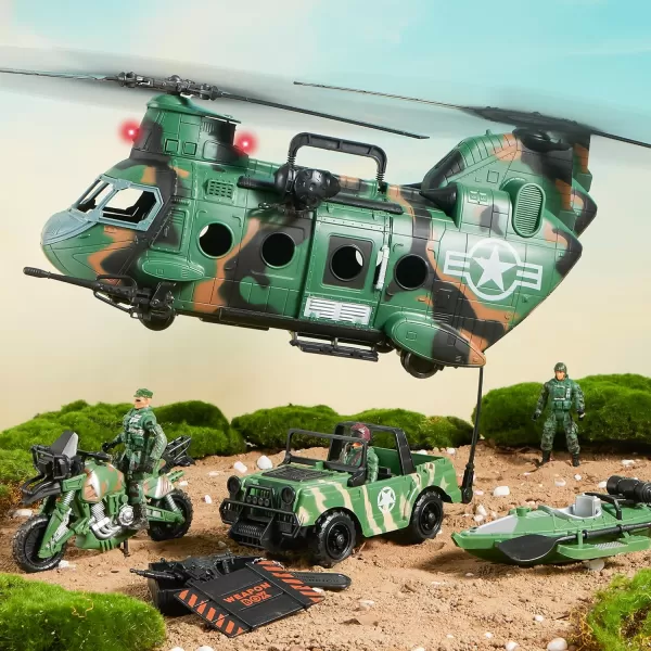 JOYIN 10in1 Military Helicopter Toys Set with Light Sound Trucks Boat Bike Army Men Weapons  Kids Gifts