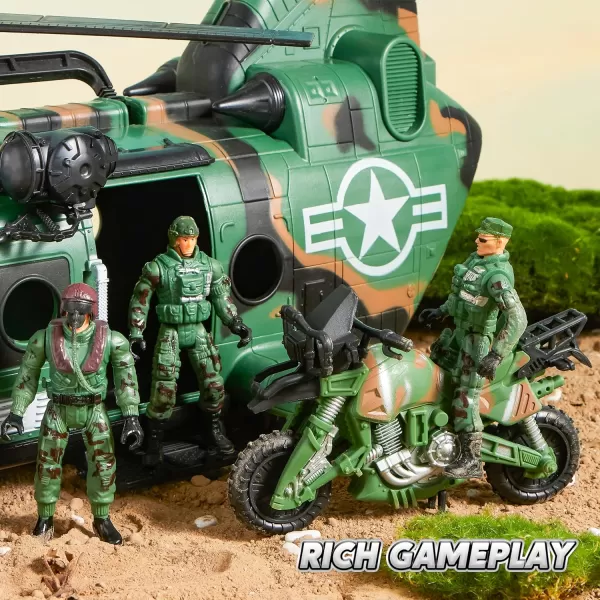JOYIN 10in1 Military Helicopter Toys Set with Light Sound Trucks Boat Bike Army Men Weapons  Kids Gifts