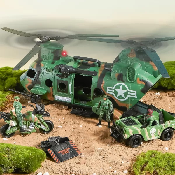 JOYIN 10in1 Military Helicopter Toys Set with Light Sound Trucks Boat Bike Army Men Weapons  Kids Gifts