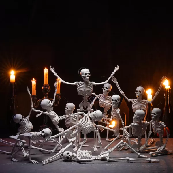 JOYIN 12 PCS 16quot Halloween Posable Skeletons Hanging Decoration Plastic Full Body Posable Small Skeletons with Movable Joints for Halloween Indoor Outdoor Party Decor Graveyard White16 inches