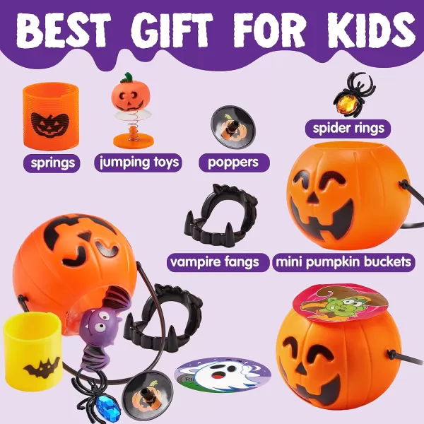 JOYIN 144 Pcs Halloween Toy Gifts for Kids 24 Packs Prefilled Mini Pumpkin Buckets with Spider Rings Poppers Spring Vampire Teeth and Spinning Tops for Kids Halloween Party Favors Trick or Treat