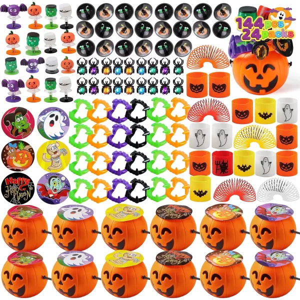 JOYIN 144 Pcs Halloween Toy Gifts for Kids 24 Packs Prefilled Mini Pumpkin Buckets with Spider Rings Poppers Spring Vampire Teeth and Spinning Tops for Kids Halloween Party Favors Trick or Treat