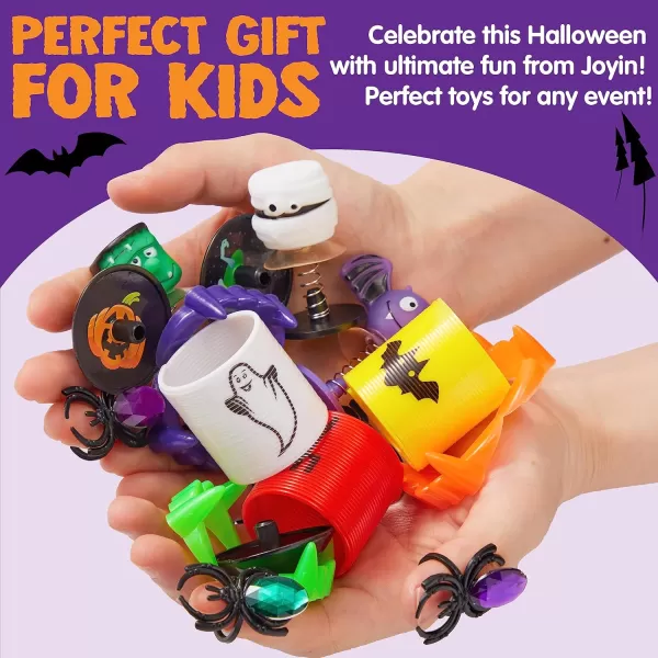 JOYIN 144 Pcs Halloween Toy Gifts for Kids 24 Packs Prefilled Mini Pumpkin Buckets with Spider Rings Poppers Spring Vampire Teeth and Spinning Tops for Kids Halloween Party Favors Trick or Treat