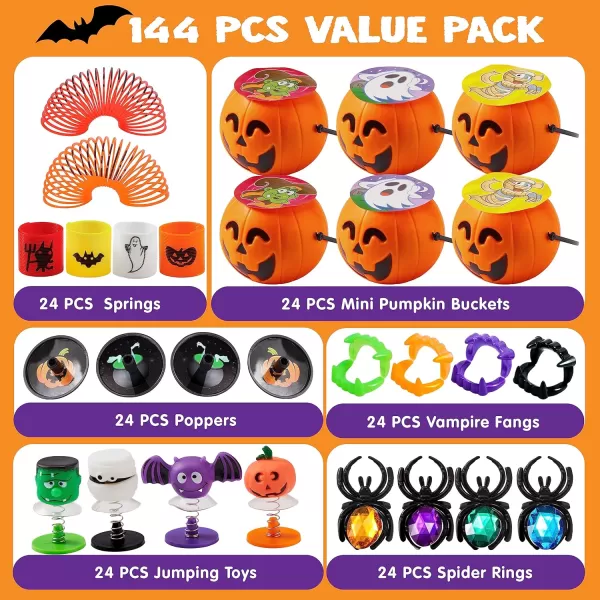 JOYIN 144 Pcs Halloween Toy Gifts for Kids 24 Packs Prefilled Mini Pumpkin Buckets with Spider Rings Poppers Spring Vampire Teeth and Spinning Tops for Kids Halloween Party Favors Trick or Treat