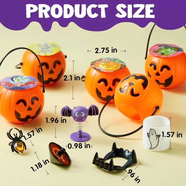 JOYIN 144 Pcs Halloween Toy Gifts for Kids 24 Packs Prefilled Mini Pumpkin Buckets with Spider Rings Poppers Spring Vampire Teeth and Spinning Tops for Kids Halloween Party Favors Trick or Treat