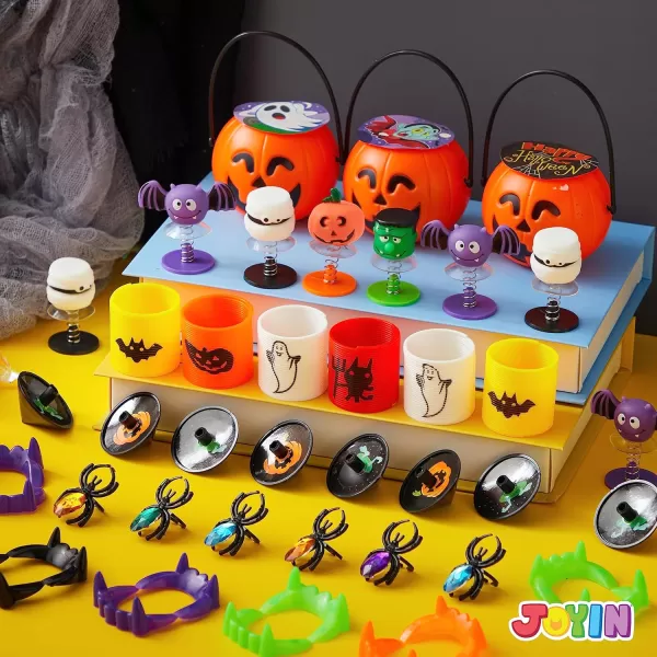 JOYIN 144 Pcs Halloween Toy Gifts for Kids 24 Packs Prefilled Mini Pumpkin Buckets with Spider Rings Poppers Spring Vampire Teeth and Spinning Tops for Kids Halloween Party Favors Trick or Treat