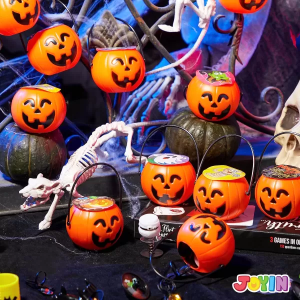 JOYIN 144 Pcs Halloween Toy Gifts for Kids 24 Packs Prefilled Mini Pumpkin Buckets with Spider Rings Poppers Spring Vampire Teeth and Spinning Tops for Kids Halloween Party Favors Trick or Treat