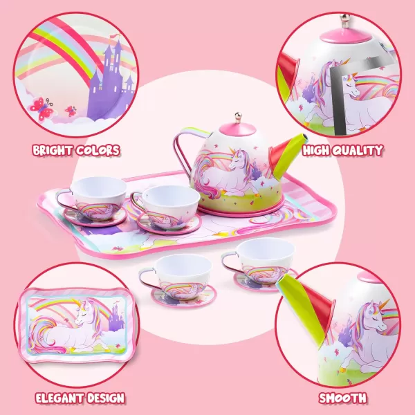 JOYIN Unicorn Tea Party Set for Little Girls Pretend Purple Tin Teapot Set Princess Tea Time Play Kitchen Toy with Teapot Cup Plate Carrying Case for Birthday Easter Gift Kids Toddler Age 3 4 5 6Unicorn