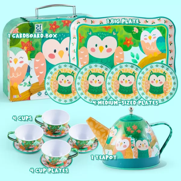 JOYIN Unicorn Tea Party Set for Little Girls Pretend Purple Tin Teapot Set Princess Tea Time Play Kitchen Toy with Teapot Cup Plate Carrying Case for Birthday Easter Gift Kids Toddler Age 3 4 5 6Owl Garden