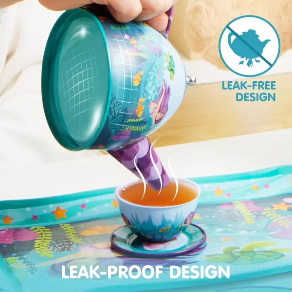 JOYIN Unicorn Tea Party Set for Little Girls Pretend Purple Tin Teapot Set Princess Tea Time Play Kitchen Toy with Teapot Cup Plate Carrying Case for Birthday Easter Gift Kids Toddler Age 3 4 5 6Mermaid