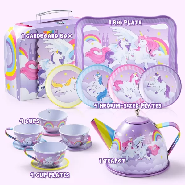 JOYIN Unicorn Tea Party Set for Little Girls Pretend Purple Tin Teapot Set Princess Tea Time Play Kitchen Toy with Teapot Cup Plate Carrying Case for Birthday Easter Gift Kids Toddler Age 3 4 5 6Purple Unicorn