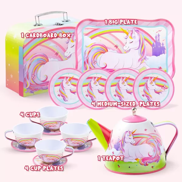 JOYIN Unicorn Tea Party Set for Little Girls Pretend Purple Tin Teapot Set Princess Tea Time Play Kitchen Toy with Teapot Cup Plate Carrying Case for Birthday Easter Gift Kids Toddler Age 3 4 5 6Unicorn