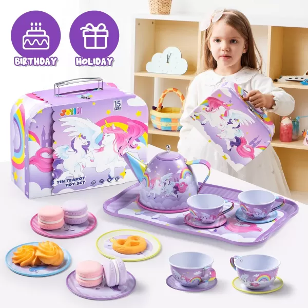 JOYIN Unicorn Tea Party Set for Little Girls Pretend Purple Tin Teapot Set Princess Tea Time Play Kitchen Toy with Teapot Cup Plate Carrying Case for Birthday Easter Gift Kids Toddler Age 3 4 5 6Purple Unicorn