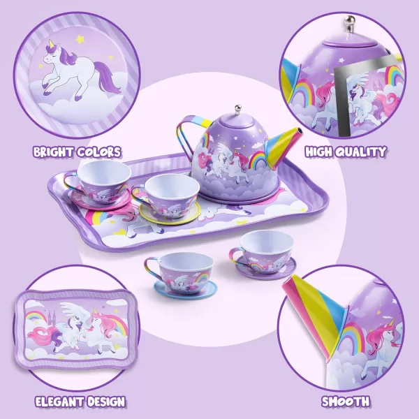 JOYIN Unicorn Tea Party Set for Little Girls Pretend Purple Tin Teapot Set Princess Tea Time Play Kitchen Toy with Teapot Cup Plate Carrying Case for Birthday Easter Gift Kids Toddler Age 3 4 5 6Purple Unicorn