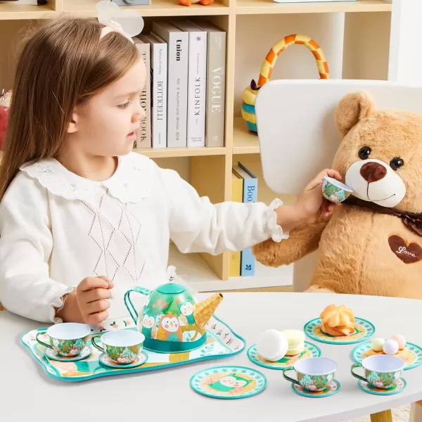 JOYIN Unicorn Tea Party Set for Little Girls Pretend Purple Tin Teapot Set Princess Tea Time Play Kitchen Toy with Teapot Cup Plate Carrying Case for Birthday Easter Gift Kids Toddler Age 3 4 5 6Owl Garden