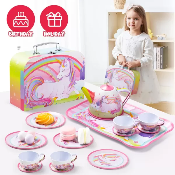 JOYIN Unicorn Tea Party Set for Little Girls Pretend Purple Tin Teapot Set Princess Tea Time Play Kitchen Toy with Teapot Cup Plate Carrying Case for Birthday Easter Gift Kids Toddler Age 3 4 5 6Unicorn