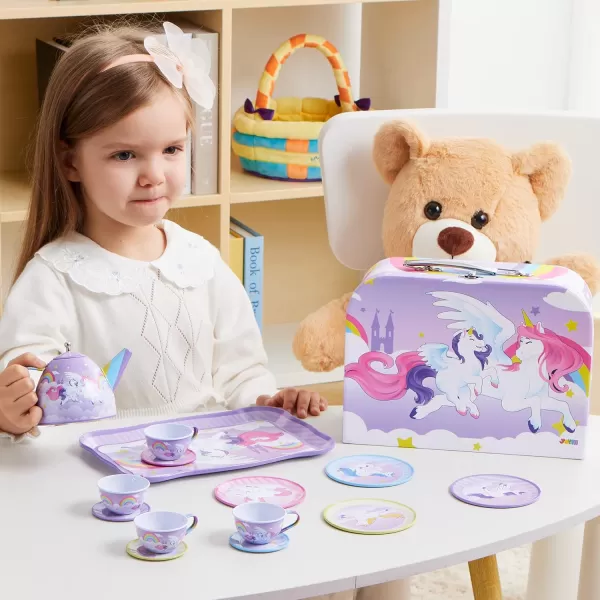 JOYIN Unicorn Tea Party Set for Little Girls Pretend Purple Tin Teapot Set Princess Tea Time Play Kitchen Toy with Teapot Cup Plate Carrying Case for Birthday Easter Gift Kids Toddler Age 3 4 5 6Purple Unicorn