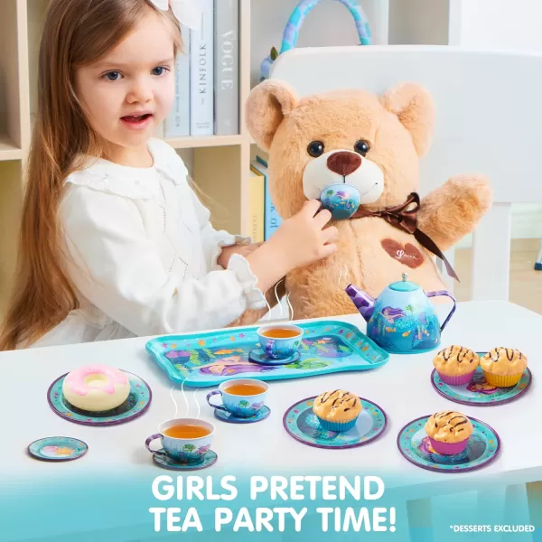 JOYIN Unicorn Tea Party Set for Little Girls Pretend Purple Tin Teapot Set Princess Tea Time Play Kitchen Toy with Teapot Cup Plate Carrying Case for Birthday Easter Gift Kids Toddler Age 3 4 5 6Mermaid
