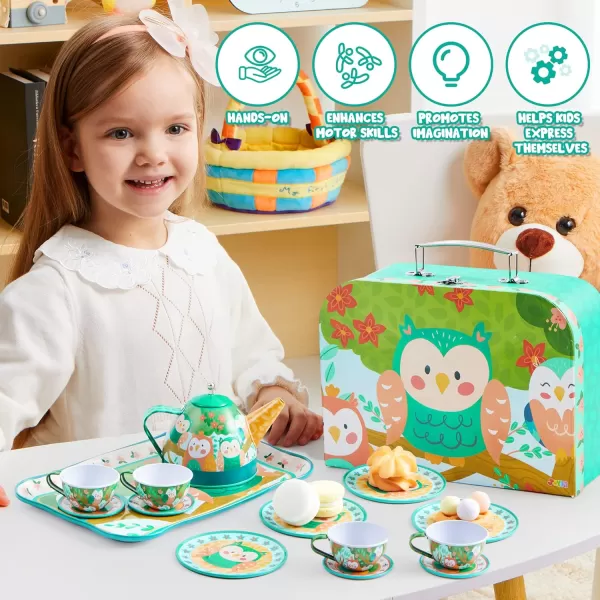 JOYIN Unicorn Tea Party Set for Little Girls Pretend Purple Tin Teapot Set Princess Tea Time Play Kitchen Toy with Teapot Cup Plate Carrying Case for Birthday Easter Gift Kids Toddler Age 3 4 5 6Owl Garden