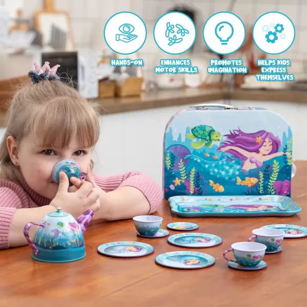 JOYIN Unicorn Tea Party Set for Little Girls Pretend Purple Tin Teapot Set Princess Tea Time Play Kitchen Toy with Teapot Cup Plate Carrying Case for Birthday Easter Gift Kids Toddler Age 3 4 5 6Mermaid