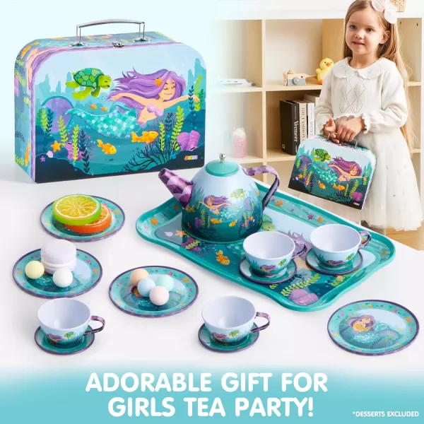 JOYIN Unicorn Tea Party Set for Little Girls Pretend Purple Tin Teapot Set Princess Tea Time Play Kitchen Toy with Teapot Cup Plate Carrying Case for Birthday Easter Gift Kids Toddler Age 3 4 5 6Mermaid