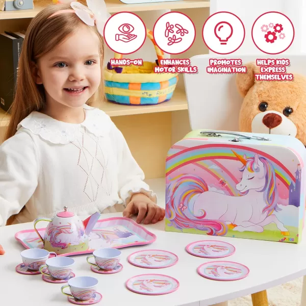 JOYIN Unicorn Tea Party Set for Little Girls Pretend Purple Tin Teapot Set Princess Tea Time Play Kitchen Toy with Teapot Cup Plate Carrying Case for Birthday Easter Gift Kids Toddler Age 3 4 5 6Unicorn