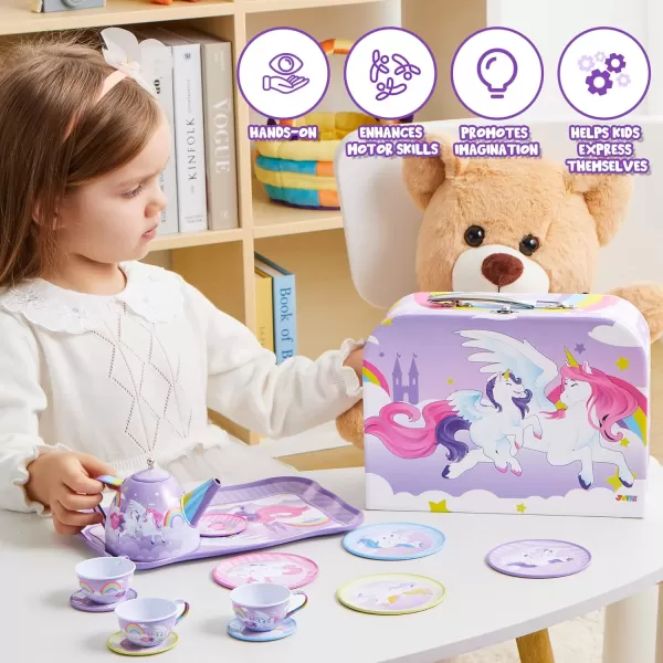 JOYIN Unicorn Tea Party Set for Little Girls Pretend Purple Tin Teapot Set Princess Tea Time Play Kitchen Toy with Teapot Cup Plate Carrying Case for Birthday Easter Gift Kids Toddler Age 3 4 5 6Purple Unicorn