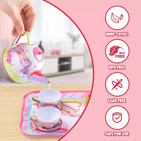 JOYIN Unicorn Tea Party Set for Little Girls Pretend Purple Tin Teapot Set Princess Tea Time Play Kitchen Toy with Teapot Cup Plate Carrying Case for Birthday Easter Gift Kids Toddler Age 3 4 5 6Unicorn