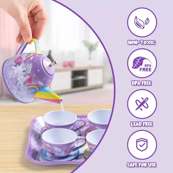JOYIN Unicorn Tea Party Set for Little Girls Pretend Purple Tin Teapot Set Princess Tea Time Play Kitchen Toy with Teapot Cup Plate Carrying Case for Birthday Easter Gift Kids Toddler Age 3 4 5 6Purple Unicorn