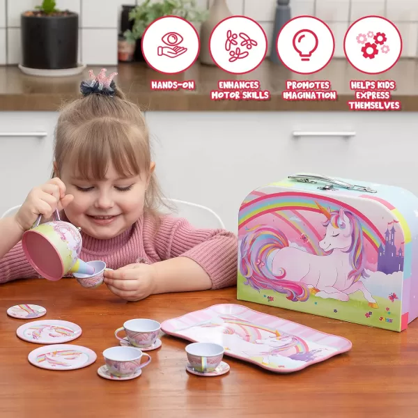 JOYIN Unicorn Tea Party Set for Little Girls Pretend Purple Tin Teapot Set Princess Tea Time Play Kitchen Toy with Teapot Cup Plate Carrying Case for Birthday Easter Gift Kids Toddler Age 3 4 5 6Unicorn
