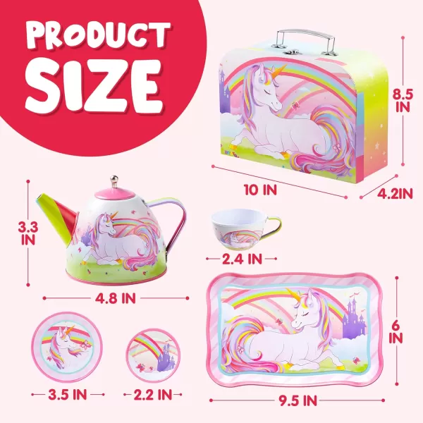 JOYIN Unicorn Tea Party Set for Little Girls Pretend Purple Tin Teapot Set Princess Tea Time Play Kitchen Toy with Teapot Cup Plate Carrying Case for Birthday Easter Gift Kids Toddler Age 3 4 5 6Unicorn