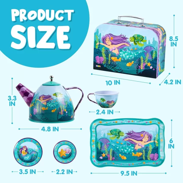 JOYIN Unicorn Tea Party Set for Little Girls Pretend Purple Tin Teapot Set Princess Tea Time Play Kitchen Toy with Teapot Cup Plate Carrying Case for Birthday Easter Gift Kids Toddler Age 3 4 5 6Mermaid