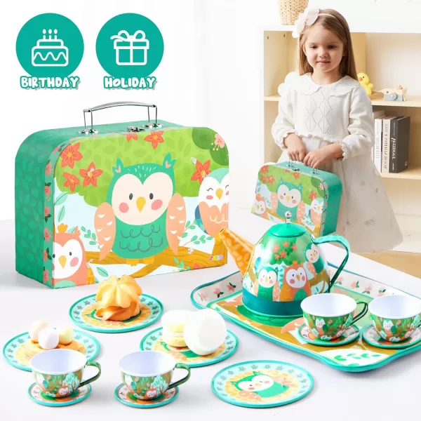 JOYIN Unicorn Tea Party Set for Little Girls Pretend Purple Tin Teapot Set Princess Tea Time Play Kitchen Toy with Teapot Cup Plate Carrying Case for Birthday Easter Gift Kids Toddler Age 3 4 5 6Owl Garden