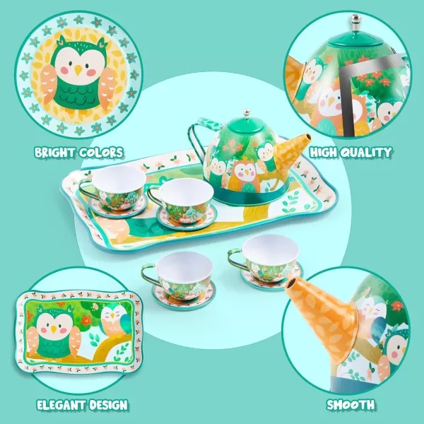 JOYIN Unicorn Tea Party Set for Little Girls Pretend Purple Tin Teapot Set Princess Tea Time Play Kitchen Toy with Teapot Cup Plate Carrying Case for Birthday Easter Gift Kids Toddler Age 3 4 5 6Owl Garden